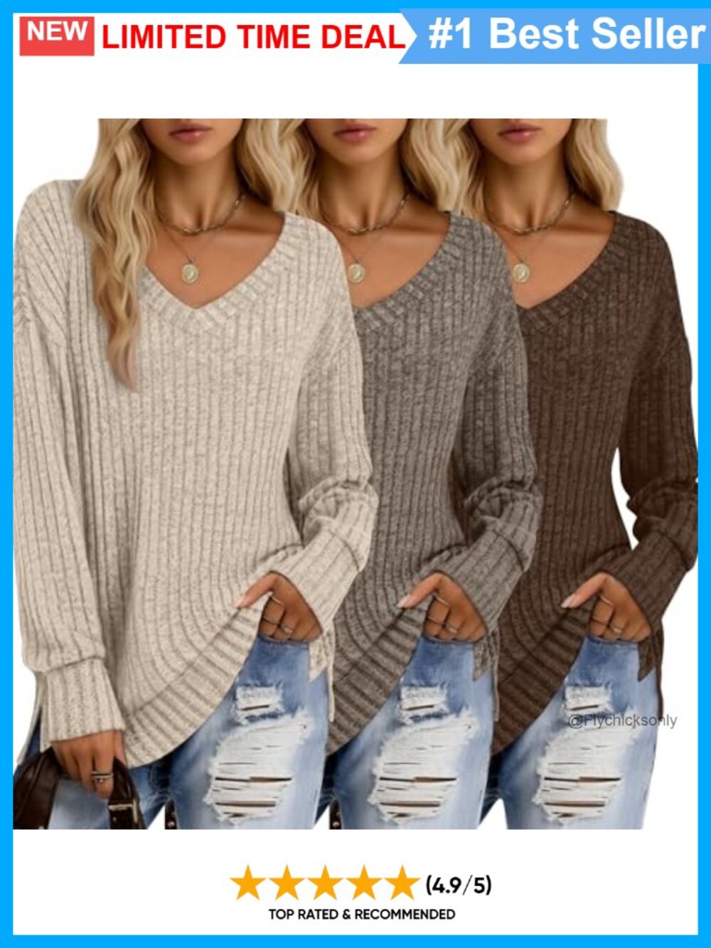 3 Pack Women's Ribbed Knit Long Sleeve V-Neck Sweater Tops Side Split